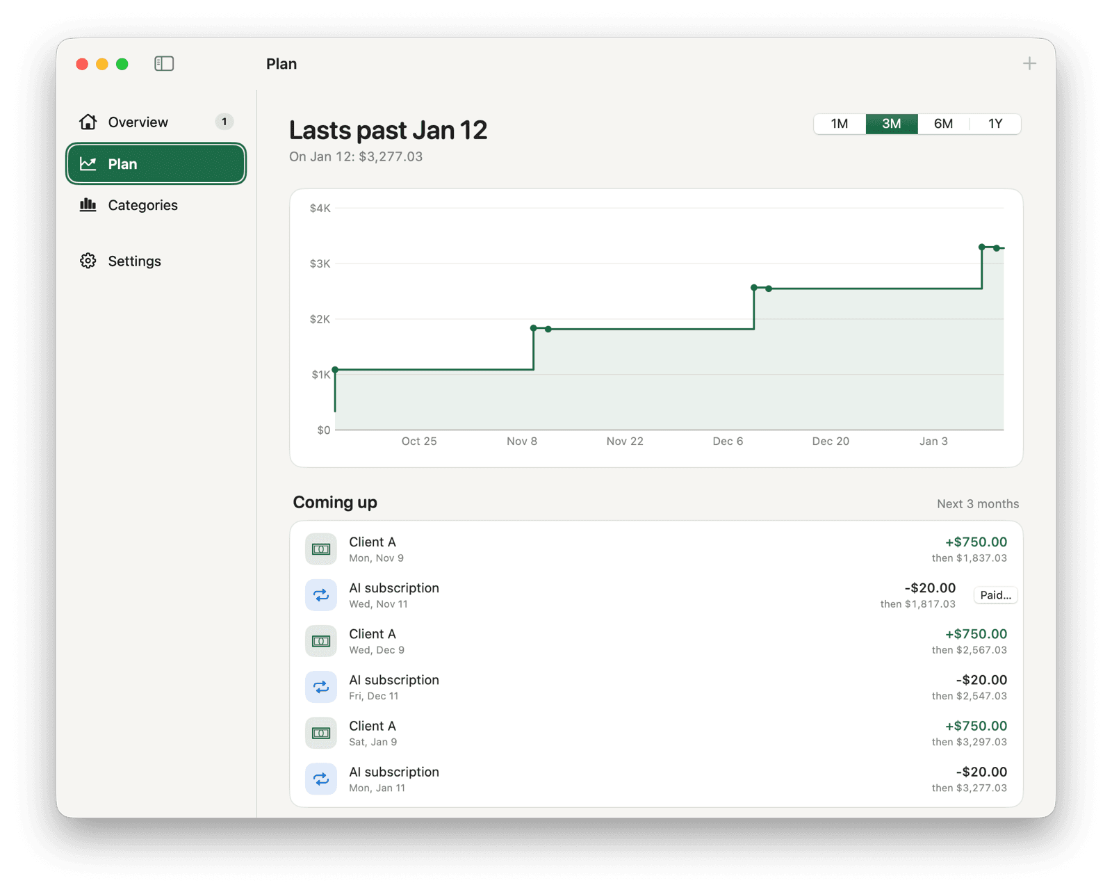 Pocket Plan with scheduled payments and a projected balance chart